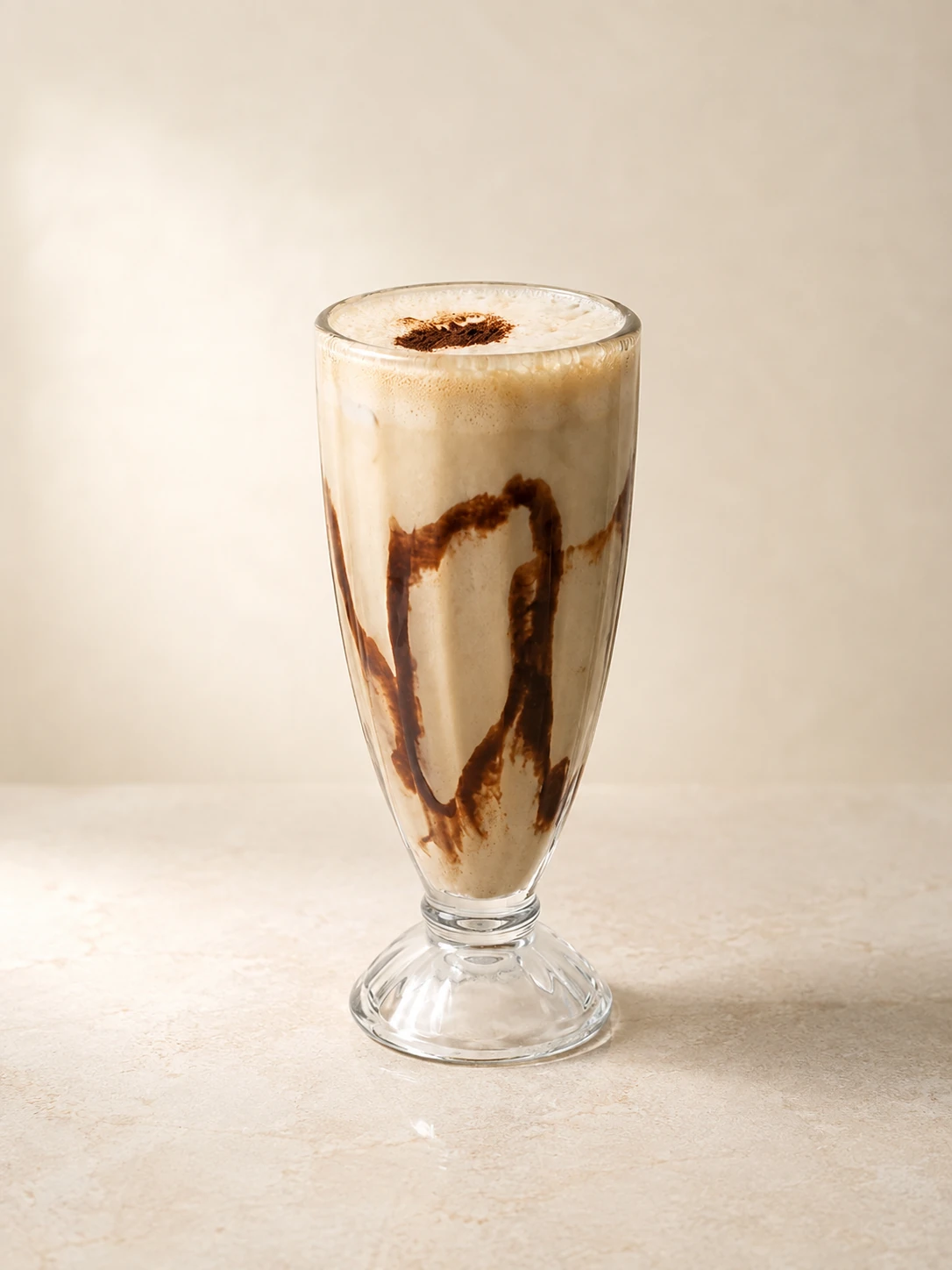 A creamy shake with chocolate streaks in a tall glass