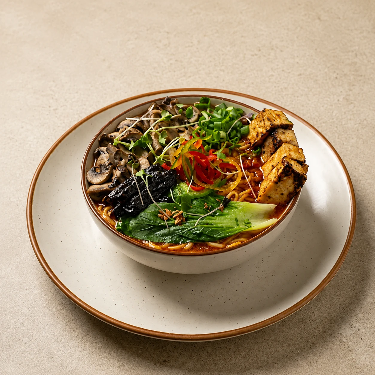 Korean Gochujang Ramen with mushrooms, greens and grilled toppings